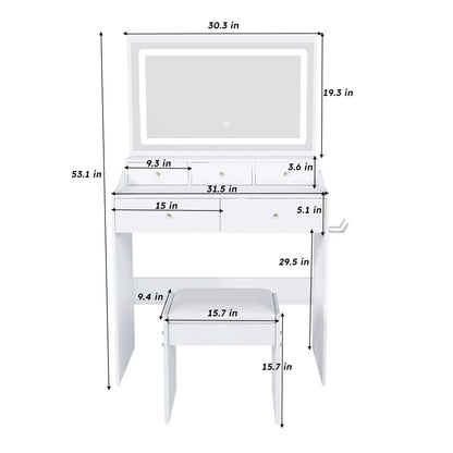 Modern makeup vanity set in white with large mirror and drawers, power outlet on Tampa Home & Garden Store