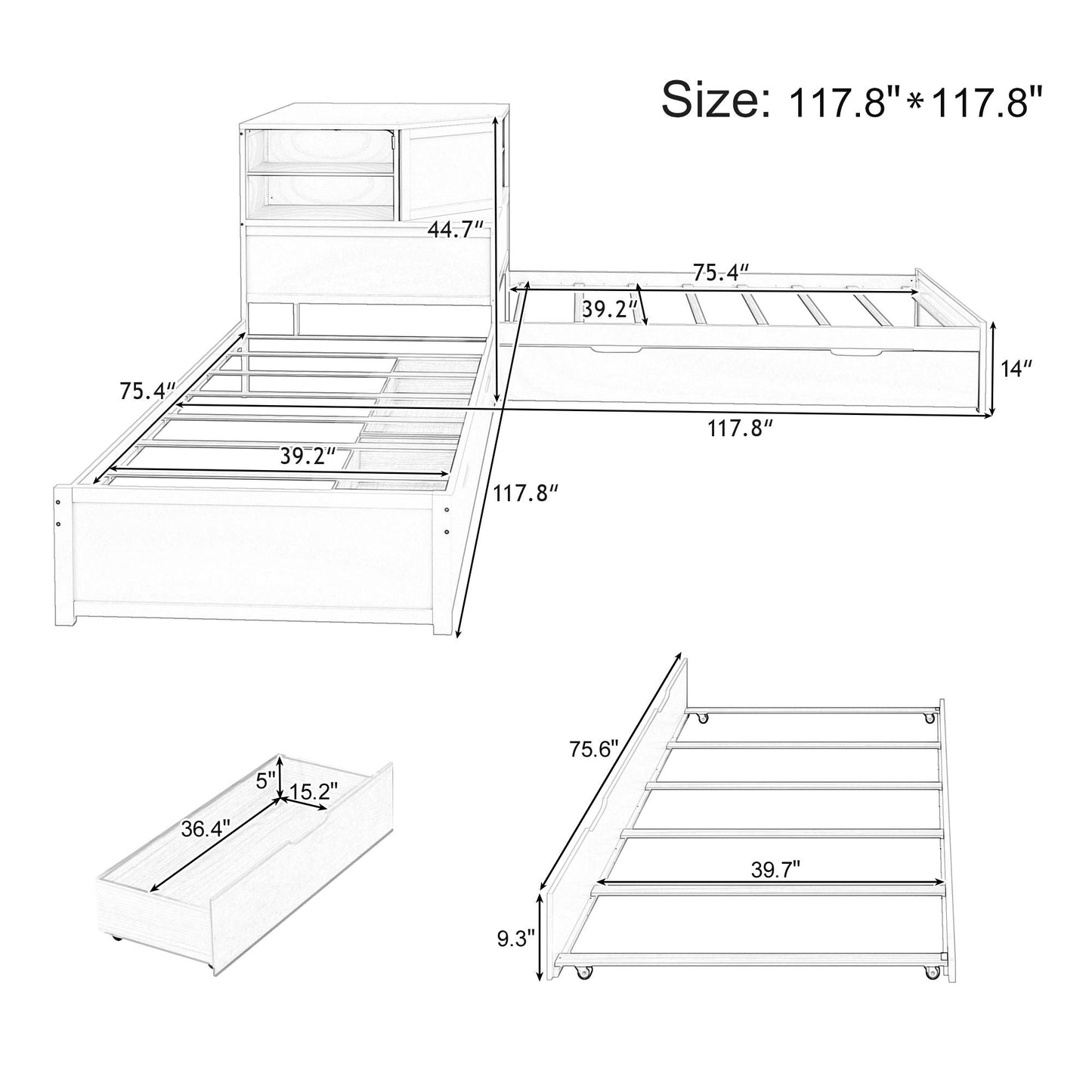 Compact L Shaped Bed Frame with Trundle and Desk