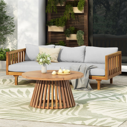 Claremont 3-Seater Daybed and Acacia Wood Patio Table Set with gray cushions and yellow pillows on Tampa Home & Garden Store
