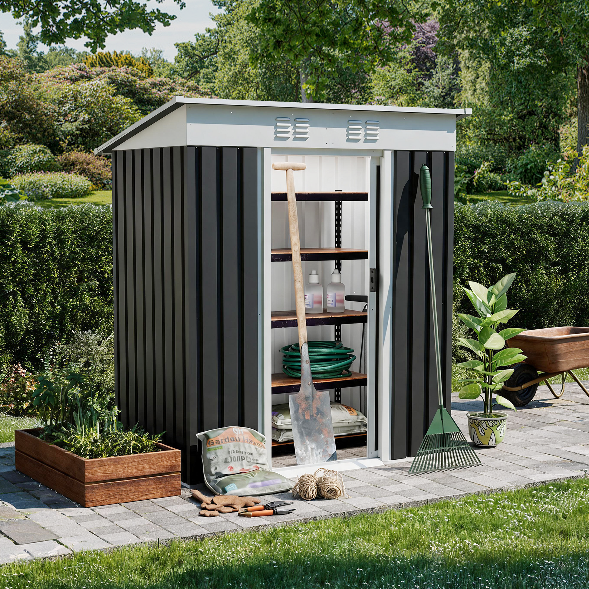 5x3 ft metal garden shed with sliding door by HouseOfZazla, black corrugated steel panels on Tampa Home & Garden Store
