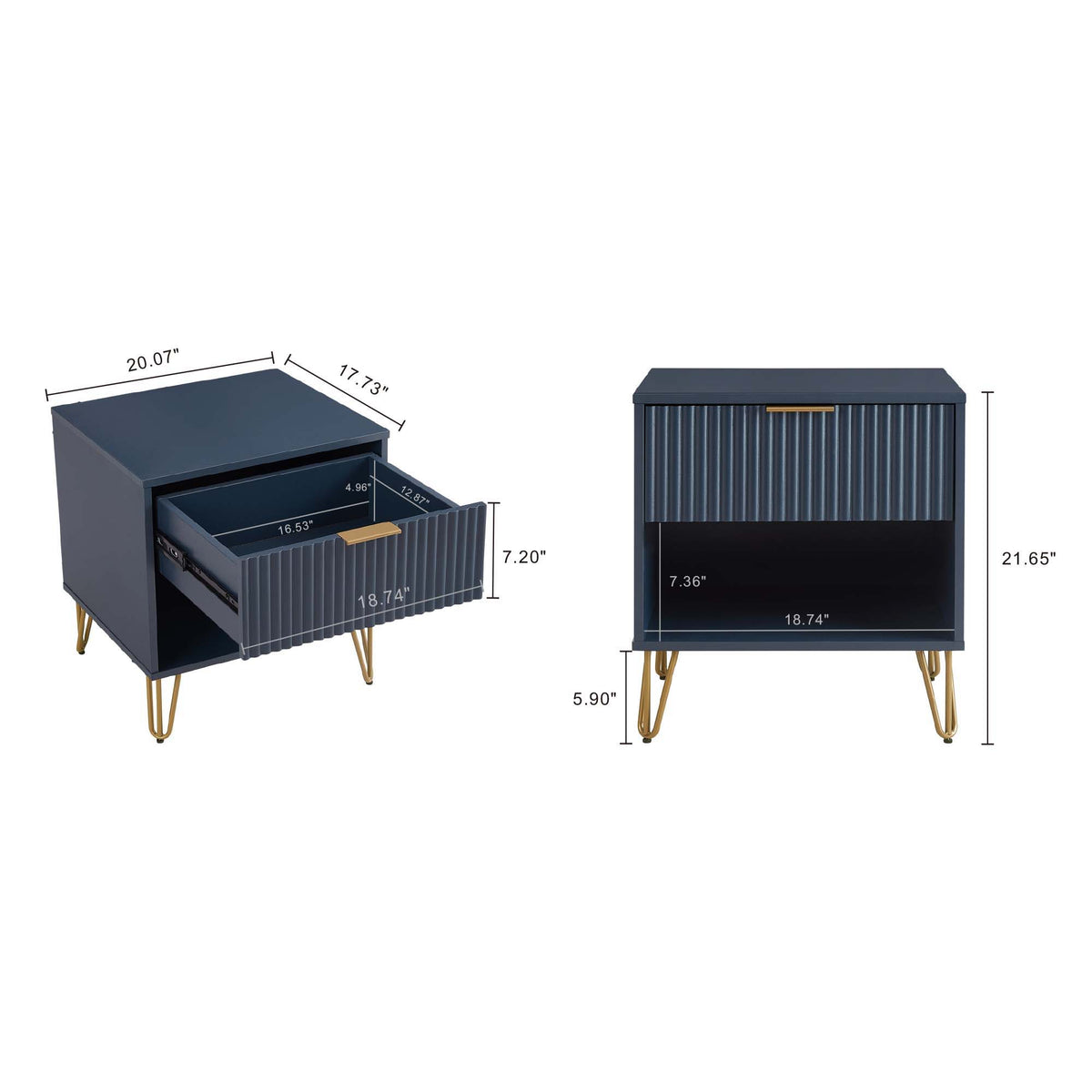 Modern Nightstand with Fluted Drawer by HouseOfZazla navy finish with gold metal legs on Tampa Home & Garden Store