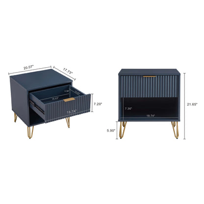 Modern Nightstand with Fluted Drawer by HouseOfZazla navy finish with gold metal legs on Tampa Home & Garden Store