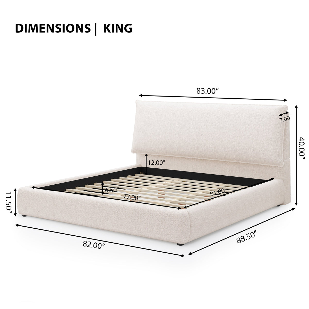 Upholstered platform bed frame king size with oversized plush pillow headboard in beige fabric by HouseOfZazla on Tampa Home & Garden Store