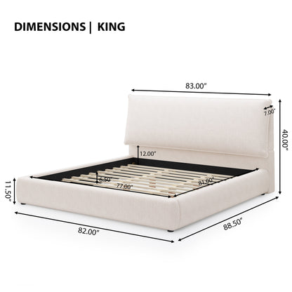 Upholstered platform bed frame king size with oversized plush pillow headboard in beige fabric by HouseOfZazla on Tampa Home & Garden Store