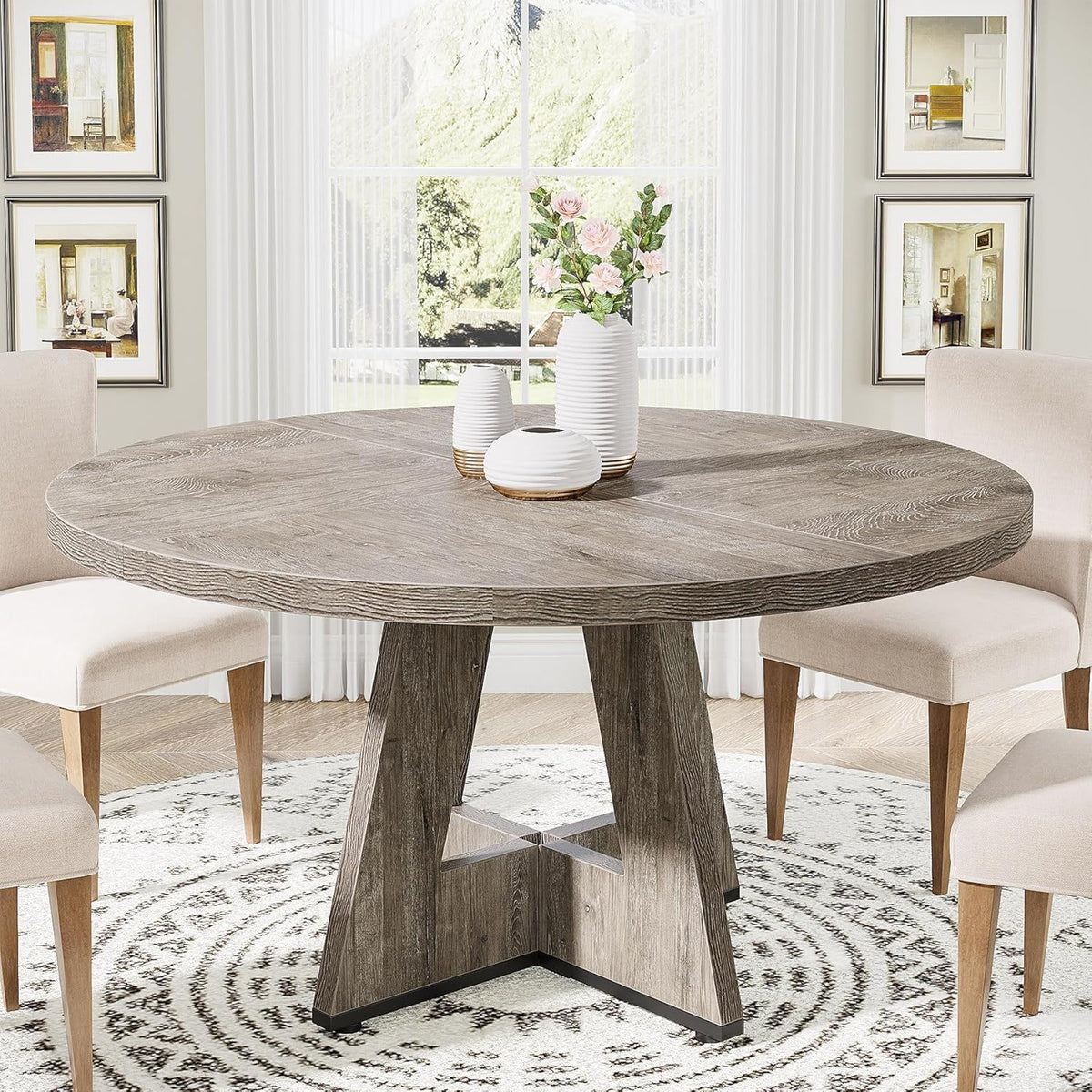 Round Dining Cross Base Kitchen Table in weathered wood with four beige upholstered chairs on Tampa Home & Garden Store