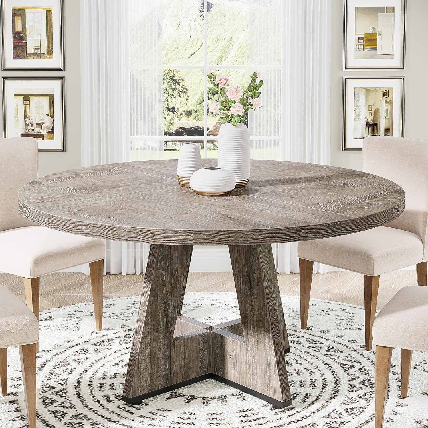 Round Dining Cross Base Kitchen Table in weathered wood with four beige upholstered chairs on Tampa Home & Garden Store