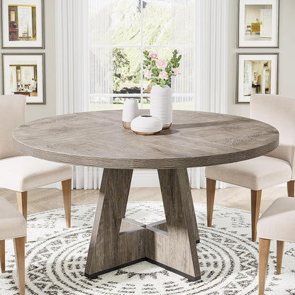 Round Dining Cross Base Kitchen Table in weathered wood with four beige upholstered chairs on Tampa Home & Garden Store