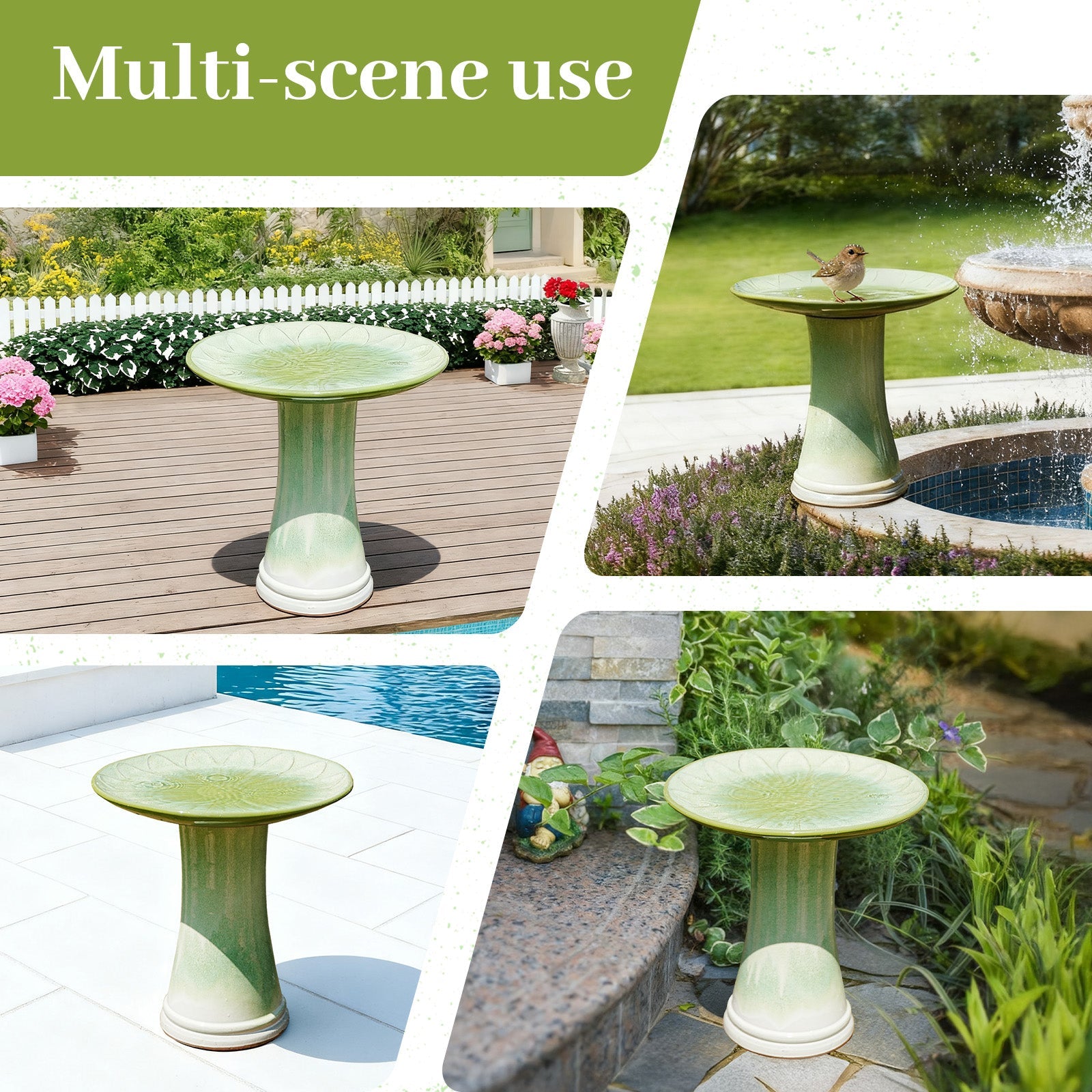 Handmade glazed ceramic bird bath with daisy-petal embossed tray, green glaze HouseOfZazla on Tampa Home & Garden Store