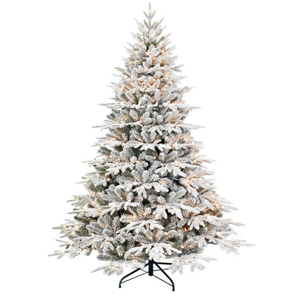 7.5ft pre-lit flocked Christmas tree with snow-dusted branches on metal stand on Tampa Home & Garden Store