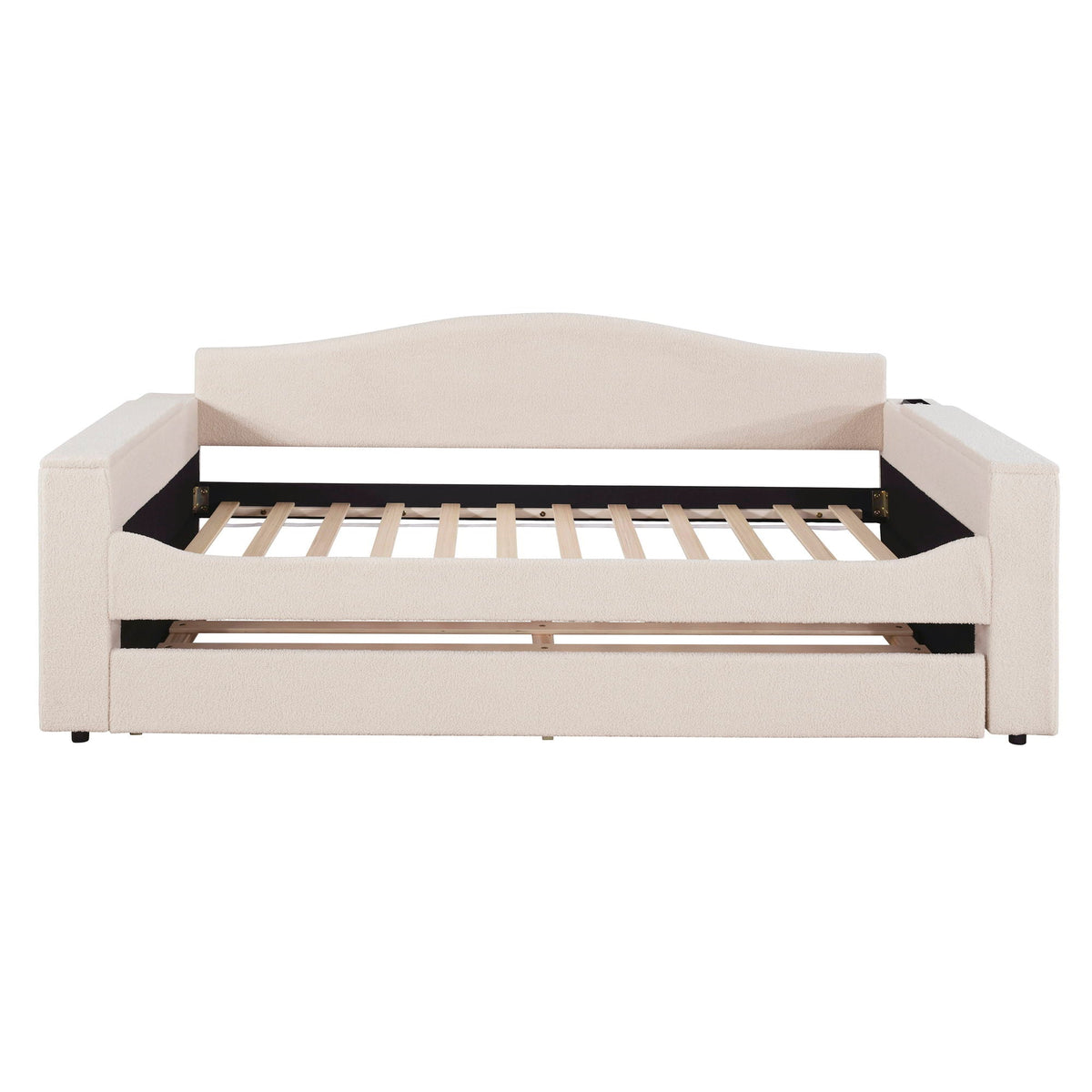 Upholstered daybed with storage armrests and trundle in beige fabric with audio system on Tampa Home & Garden Store