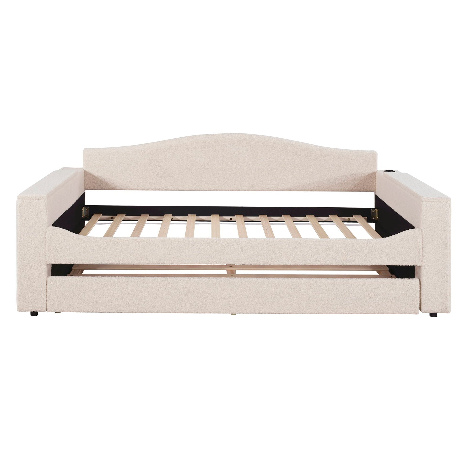 Upholstered daybed with storage armrests and trundle in beige fabric with audio system on Tampa Home & Garden Store