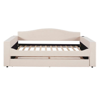 Upholstered daybed with storage armrests and trundle in beige fabric with audio system on Tampa Home & Garden Store