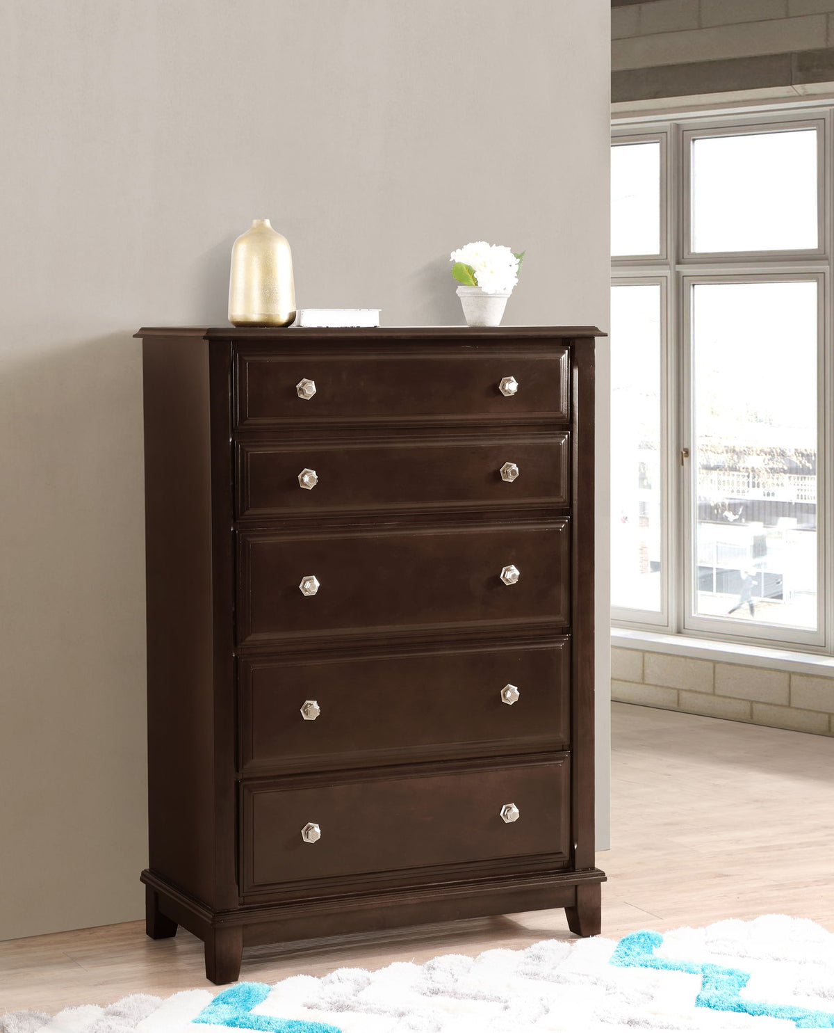 Ashford Chest with Dovetail Drawers cappuccino finish; 5-drawer chest with knobs by HouseOfZazla on Tampa Home & Garden Store