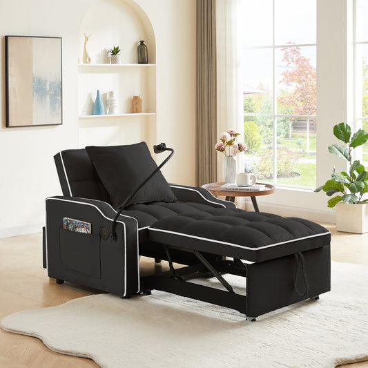 Sleeper sofa chair bed 3-in-1 convertible black with white piping HouseOfZazla on Tampa Home & Garden Store