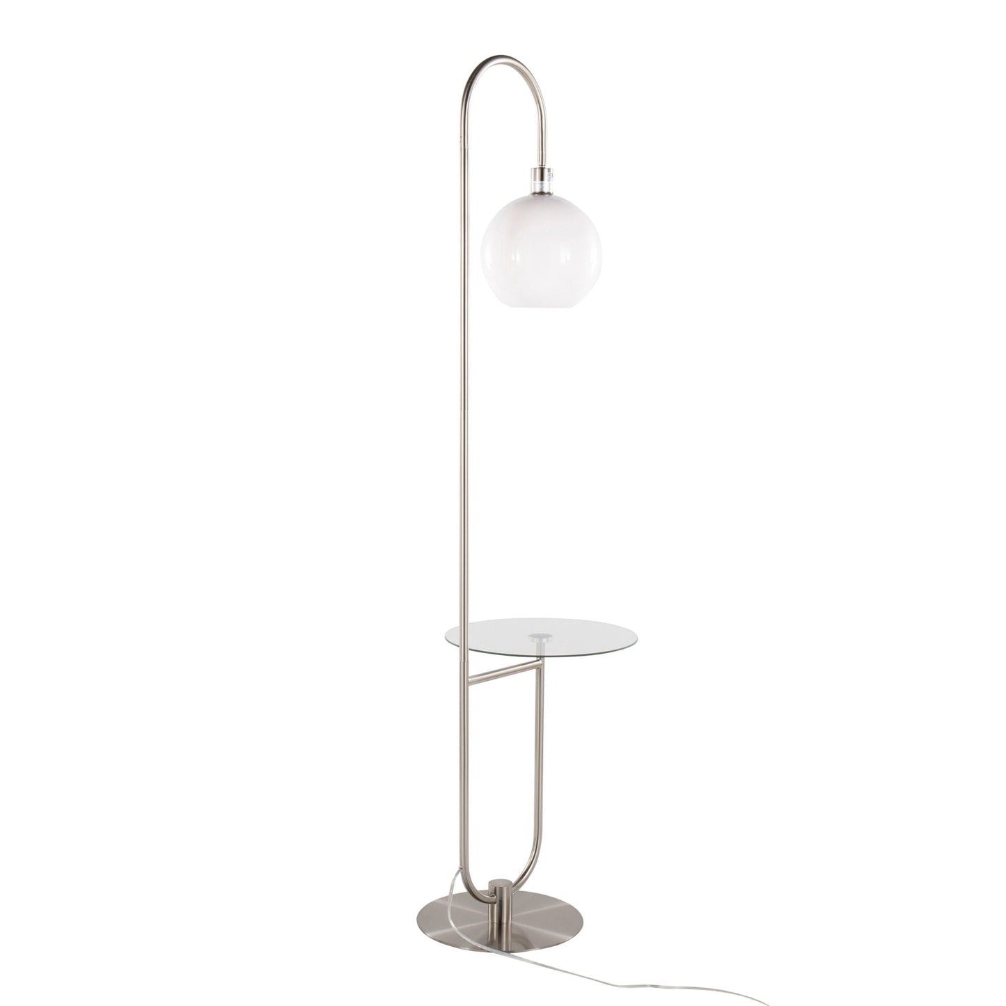 Trombone floor lamp with curved chrome stem and glass globe shade on Tampa Home & Garden Store