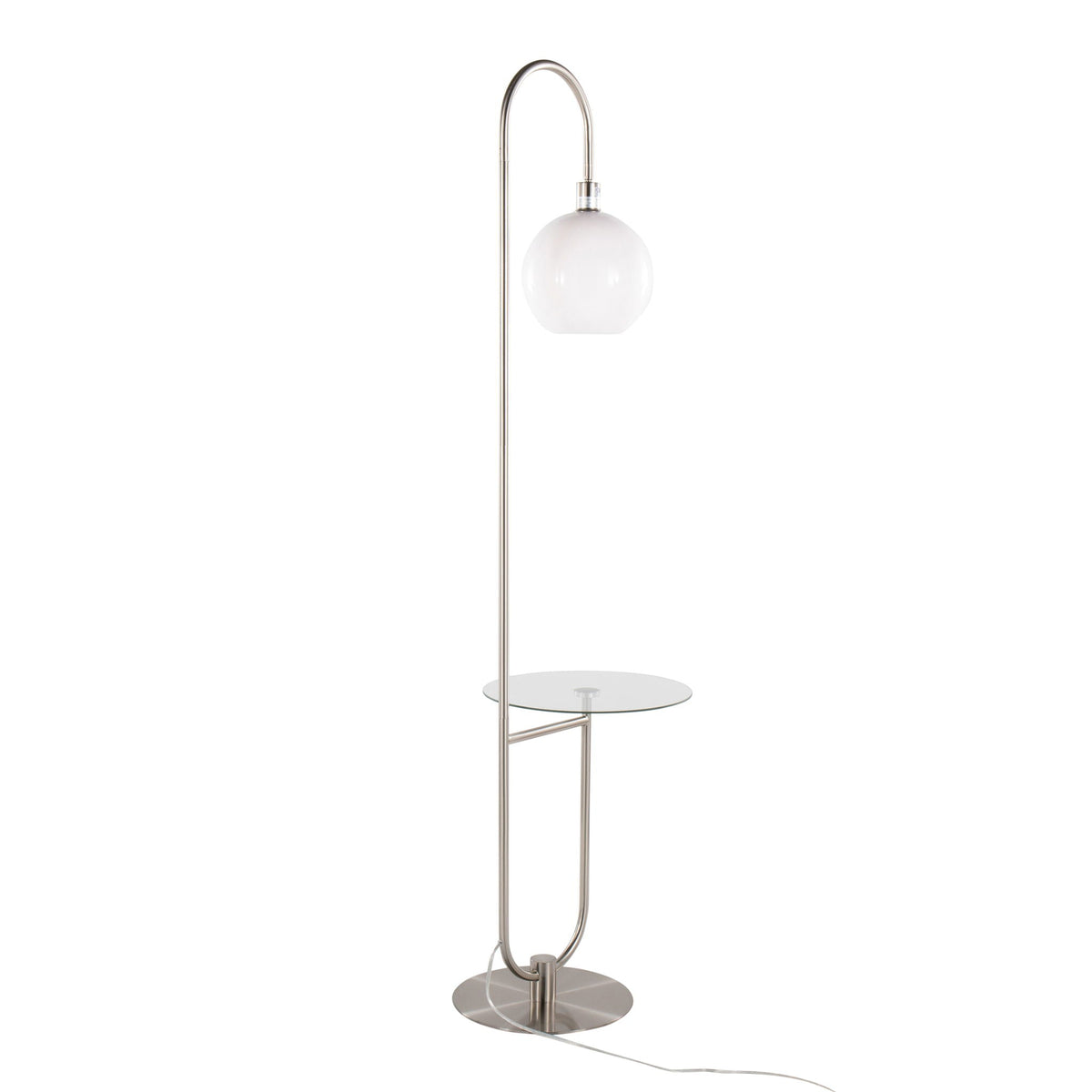 Trombone floor lamp with curved chrome stem and glass globe shade on Tampa Home & Garden Store