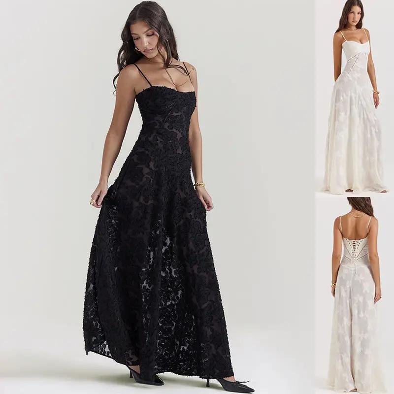 Black lace suspender long dress with spaghetti straps, floor-length FLIPSTYLEZLLC on Tampa Home & Garden Store