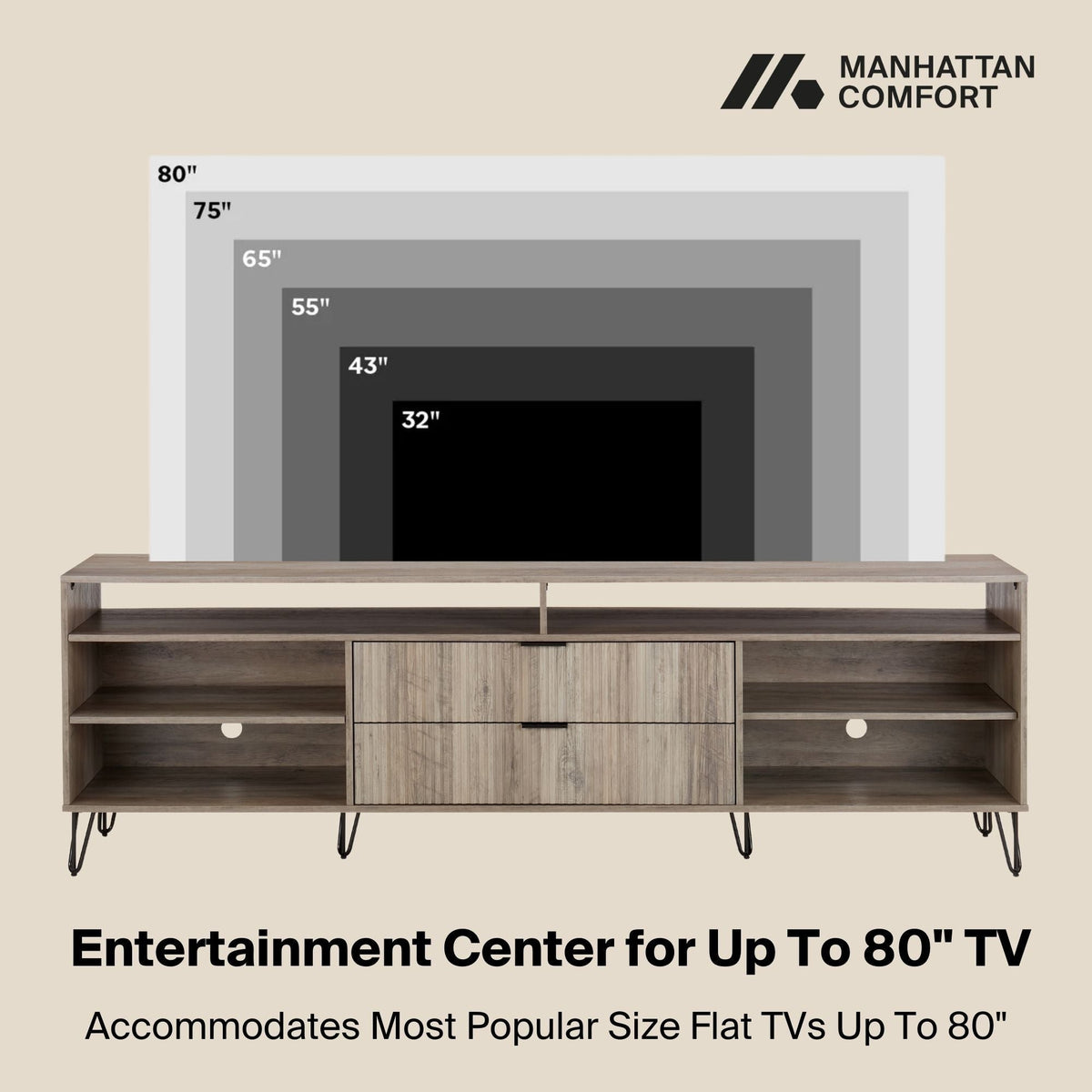 Fluted TV stand with storage, wood finish, and metal legs in multiple colors, Manhattan Comfort on Tampa Home & Garden Store