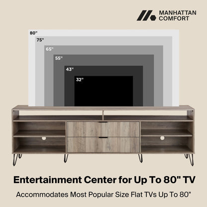 Fluted TV stand with storage, wood finish, and metal legs in multiple colors, Manhattan Comfort on Tampa Home & Garden Store