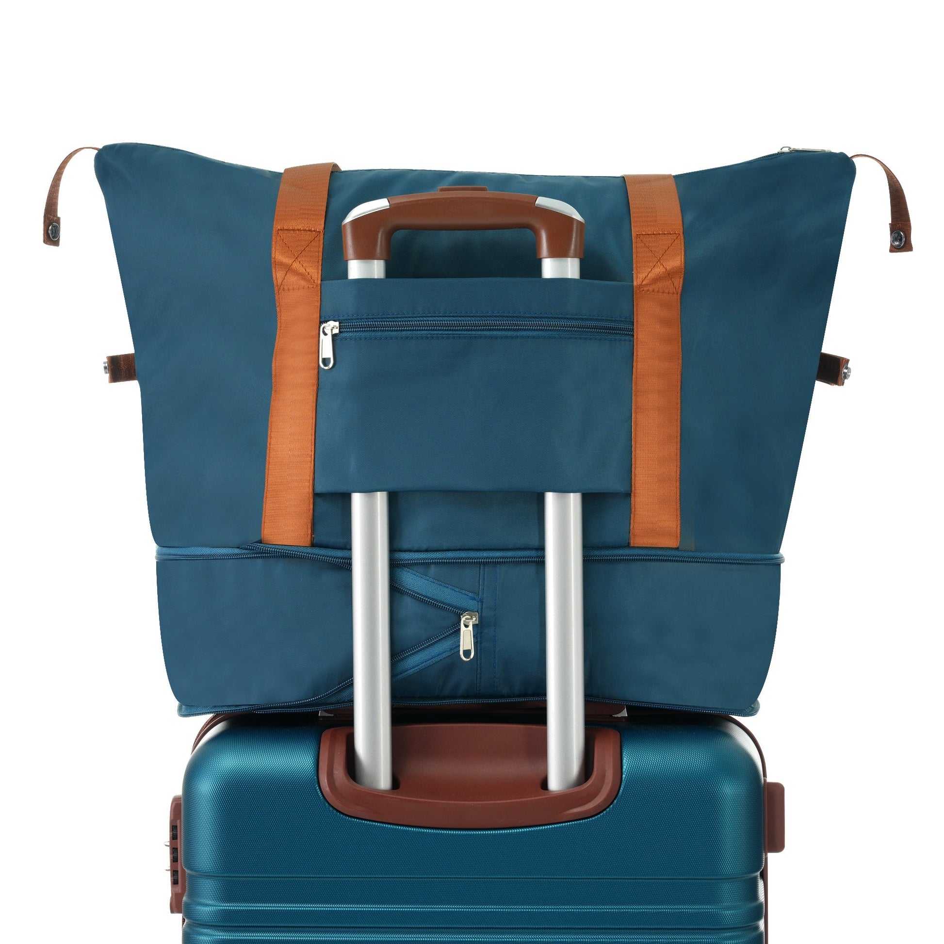 GigaTech blue luggage bag with orange straps and telescoping handle, front zipper pocket on Tampa Home & Garden Store