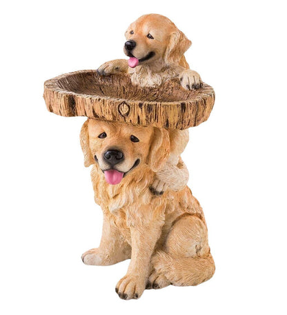 Resin garden dog statue with a wood-look birdbath ring and a puppy on top on Tampa Home & Garden Store