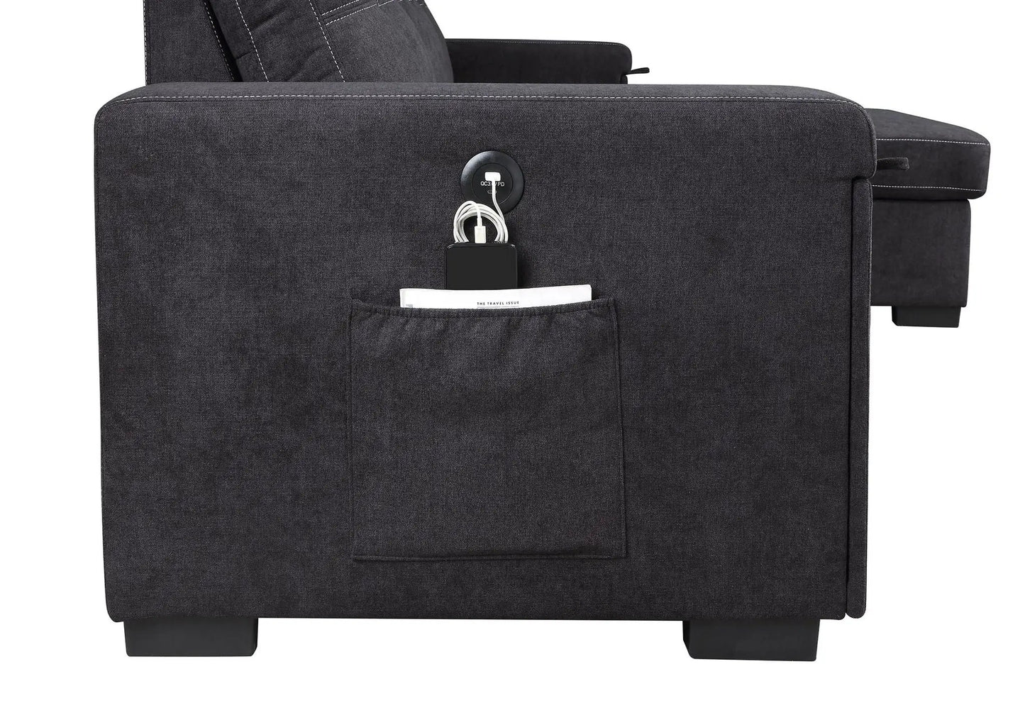 Toby woven fabric reversible sleeper sectional with storage chaise and USB ports in gray on Tampa Home & Garden Store