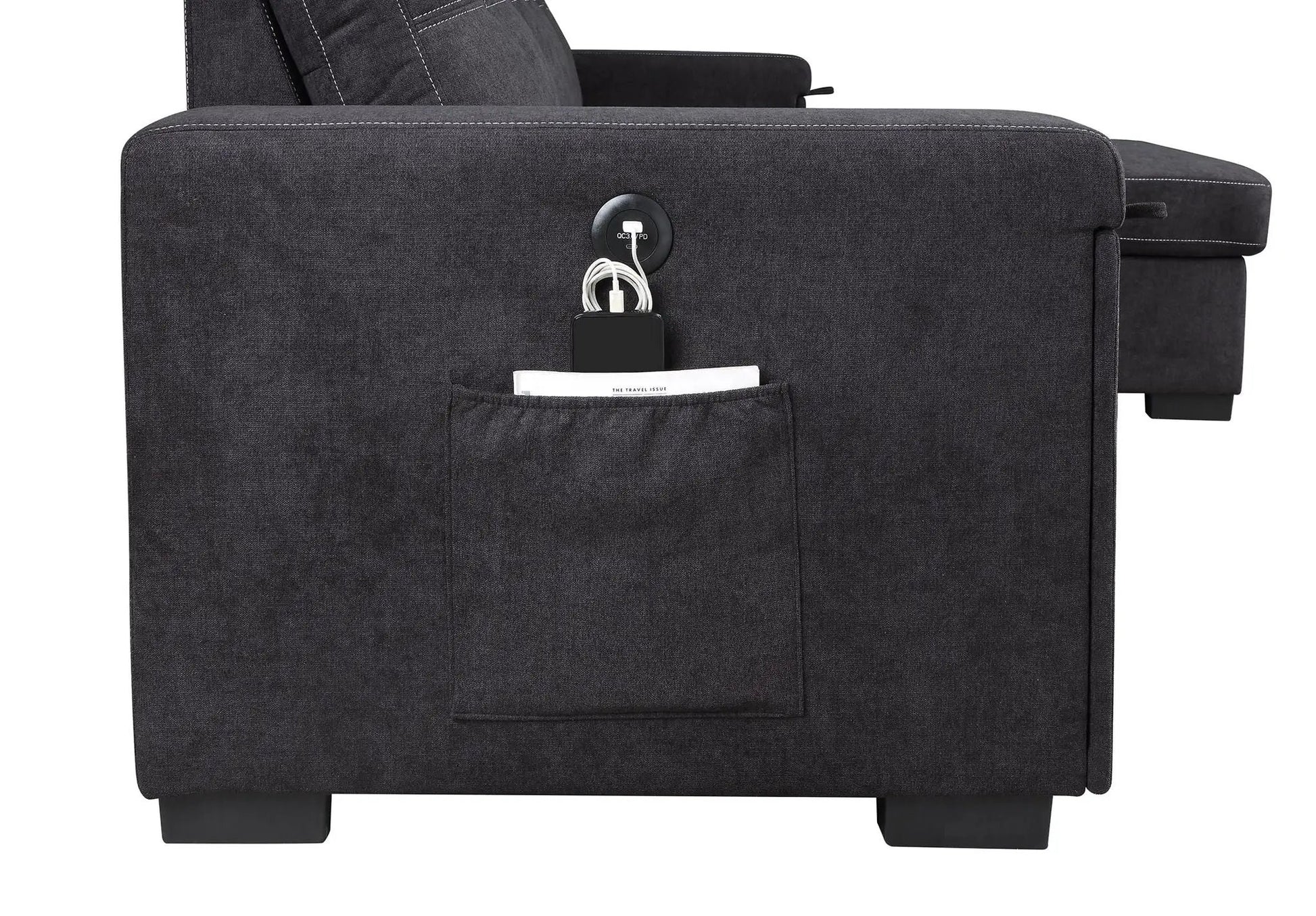 Toby woven fabric reversible sleeper sectional with storage chaise and USB ports in gray on Tampa Home & Garden Store