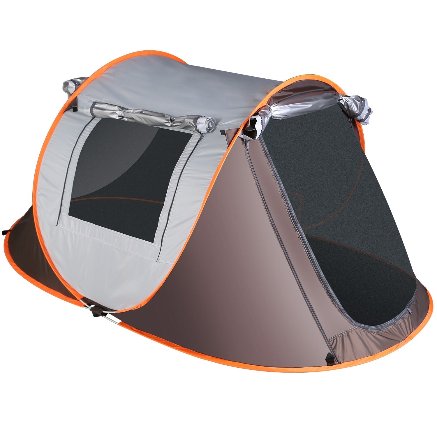 GemGear 3-4 Person Pop-Up Camping Tent with grey body, orange trim, and 2 mosquito-net windows on Tampa Home & Garden Store