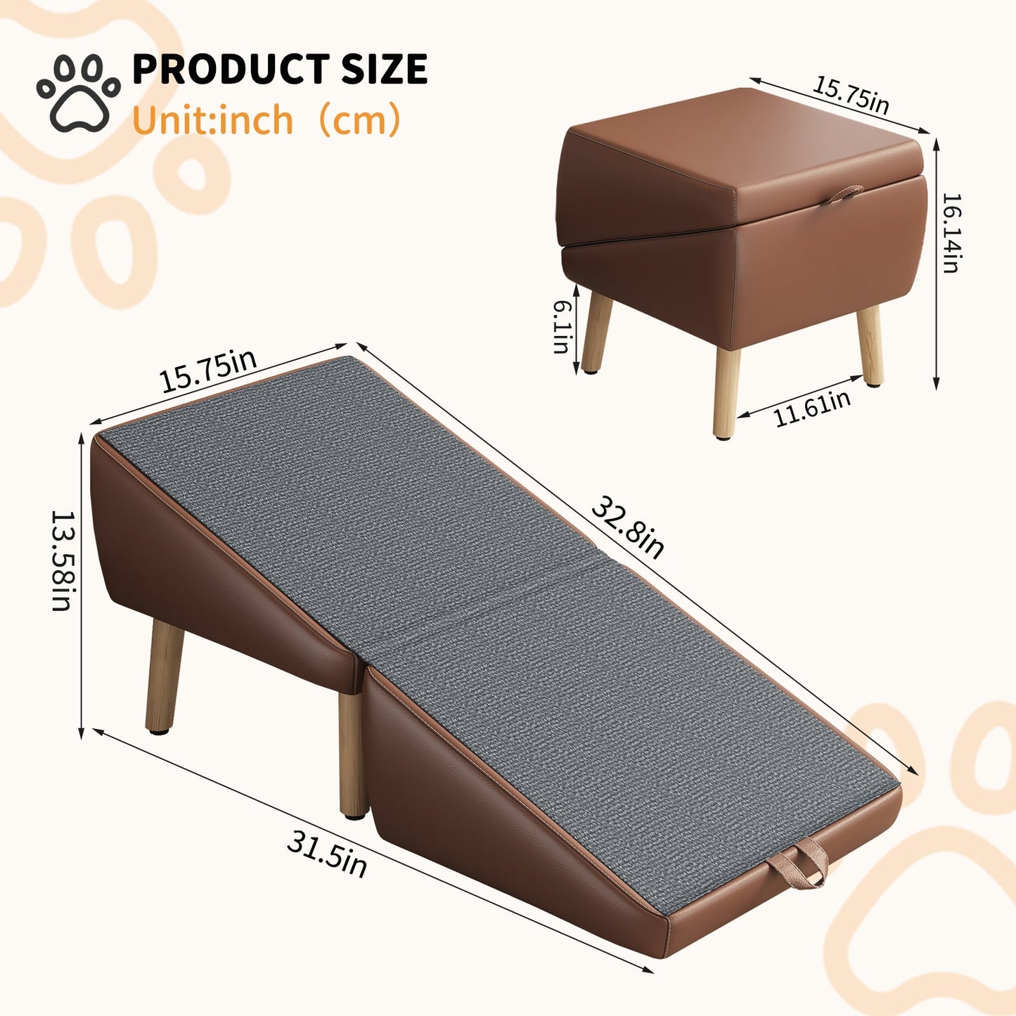 UPGRADED Dog Stairs for Small Dogs and Cats foldable wooden pet ramp in brown faux leather on Tampa Home & Garden Store