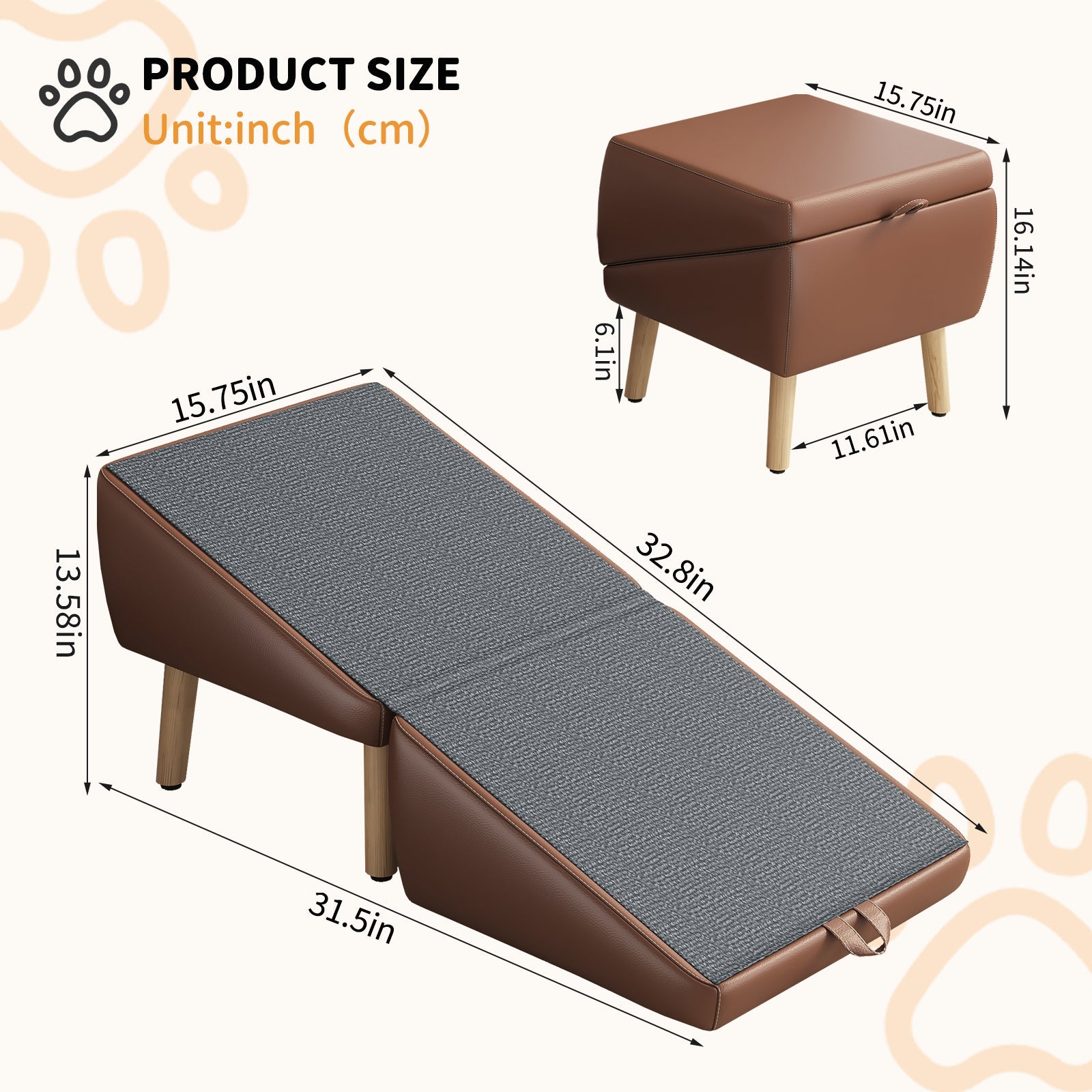 UPGRADED Dog Stairs for Small Dogs and Cats foldable wooden pet ramp in brown faux leather on Tampa Home & Garden Store