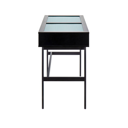 Contemporary console table with tempered glass top, black metal frame on Tampa Home & Garden Store