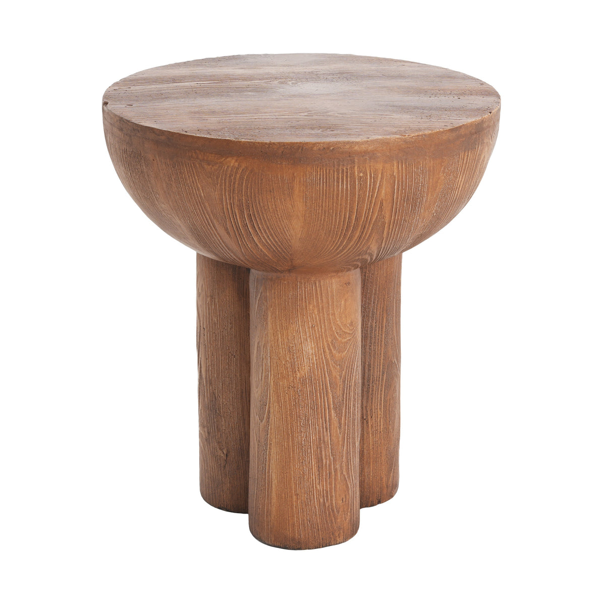 Iris outdoor patio three-legged wood-grain side table in warm brown wood finish on Tampa Home & Garden Store