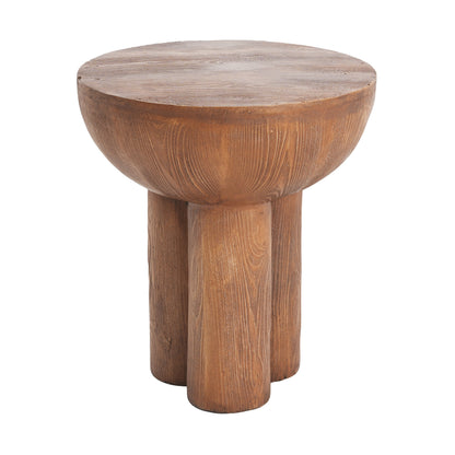 Iris outdoor patio three-legged wood-grain side table in warm brown wood finish on Tampa Home & Garden Store