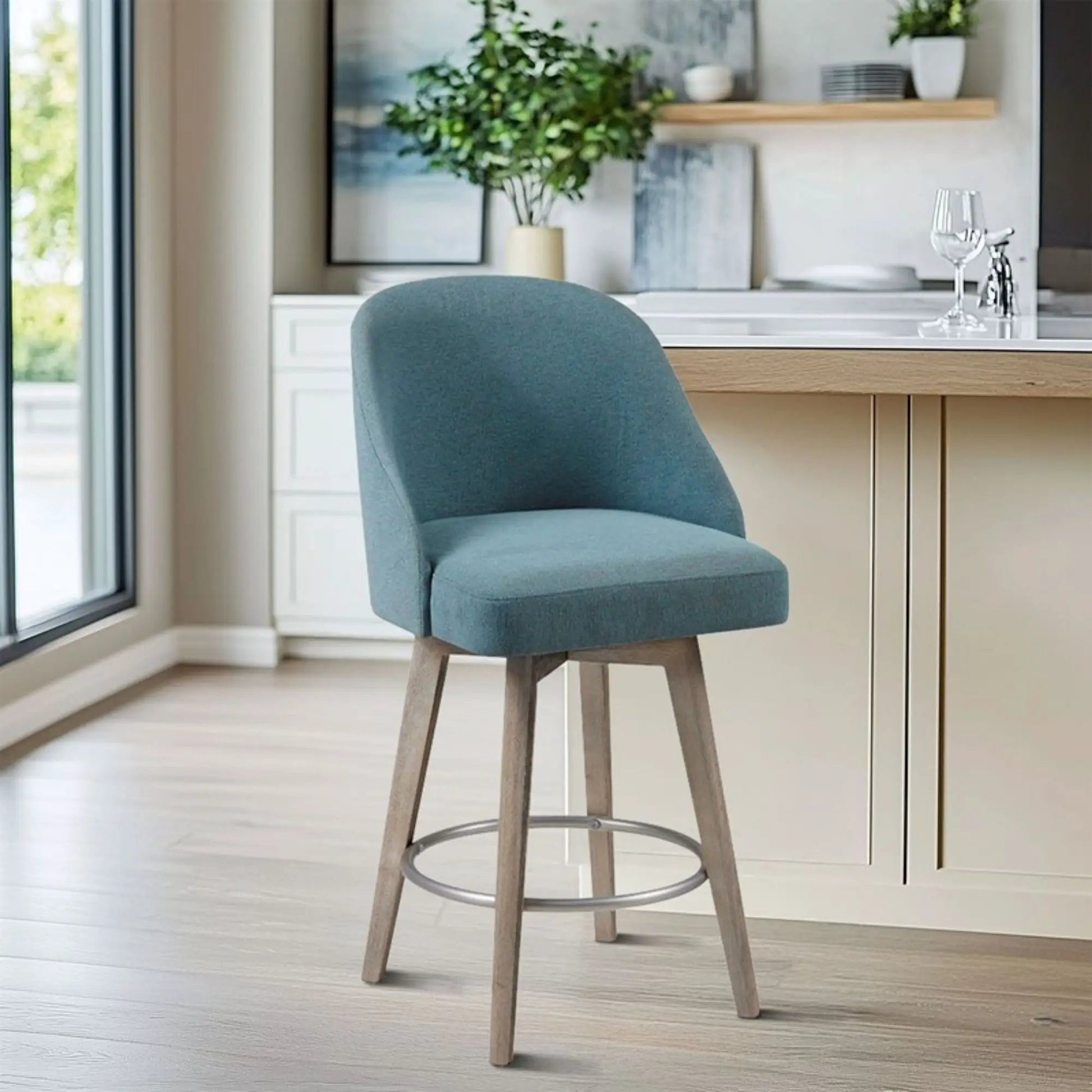Pearce swivel bar stool, teal upholstery, counter-height 24–27in, wood legs, Unique Piece on Tampa Home & Garden Store