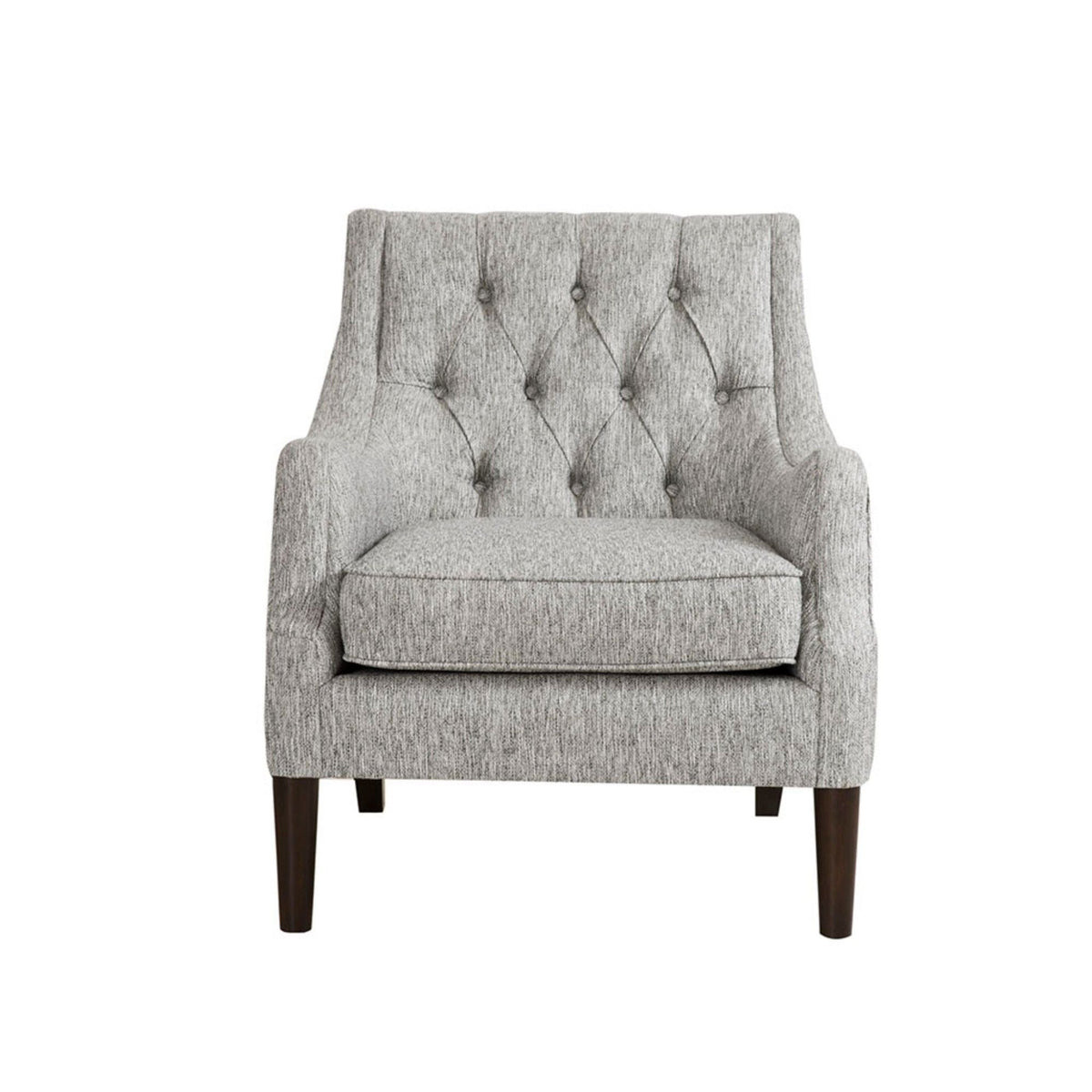 Button tufted accent chair with removable cushion in gray fabric, dark wood legs on Tampa Home & Garden Store