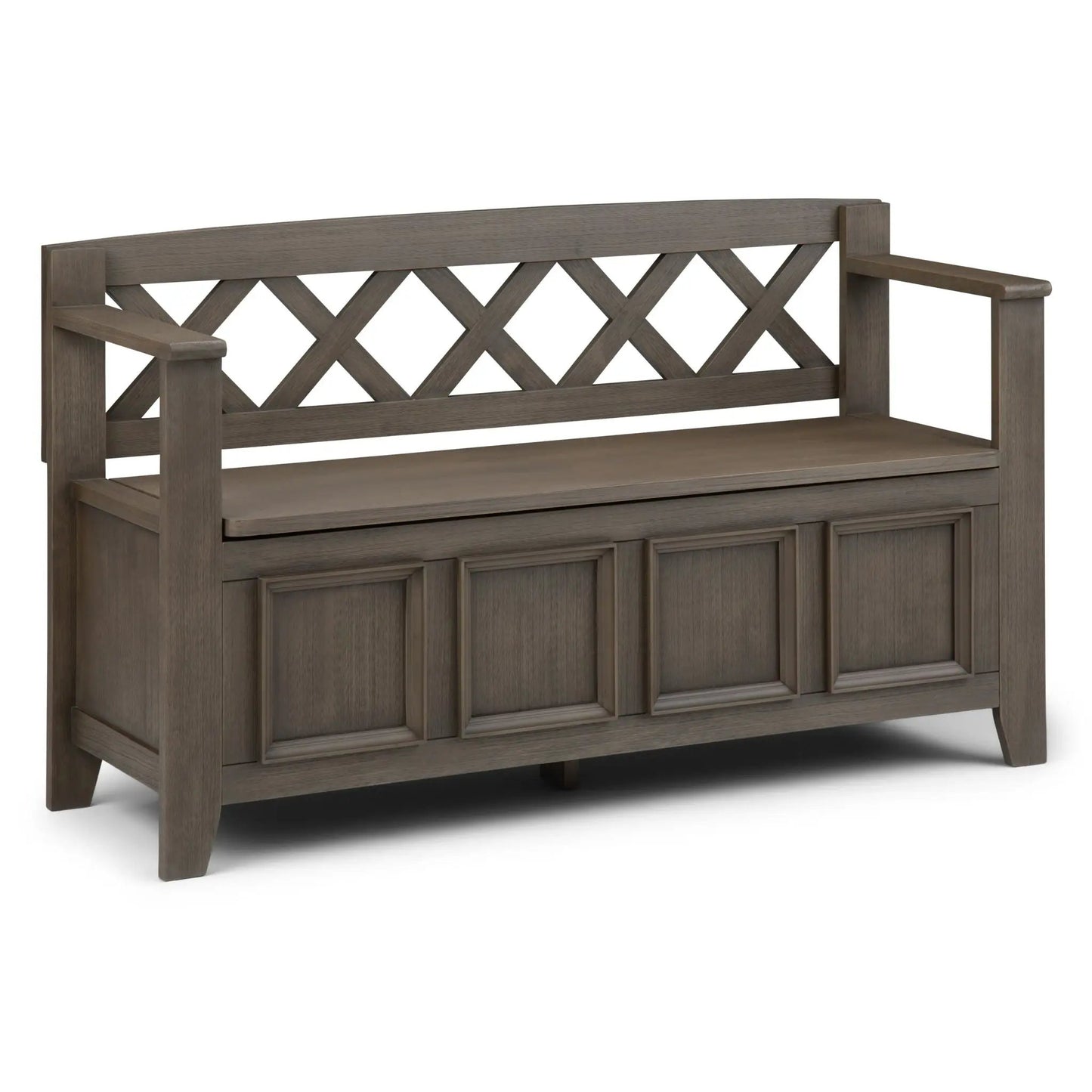 Amherst Handcrafted Entryway Storage Bench in gray-brown wood with crisscross back panel on Tampa Home & Garden Store