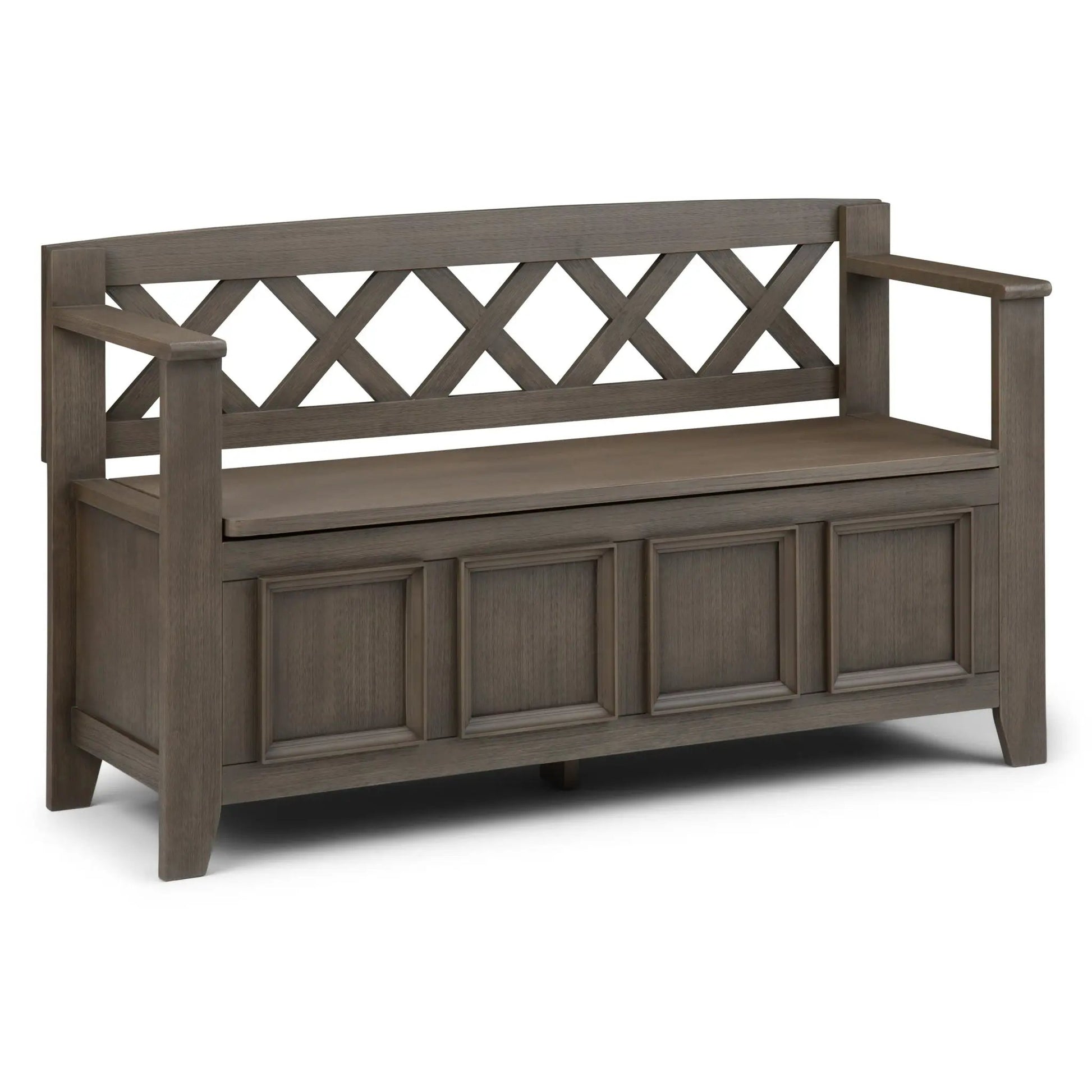 Amherst Handcrafted Entryway Storage Bench in gray-brown wood with crisscross back panel on Tampa Home & Garden Store
