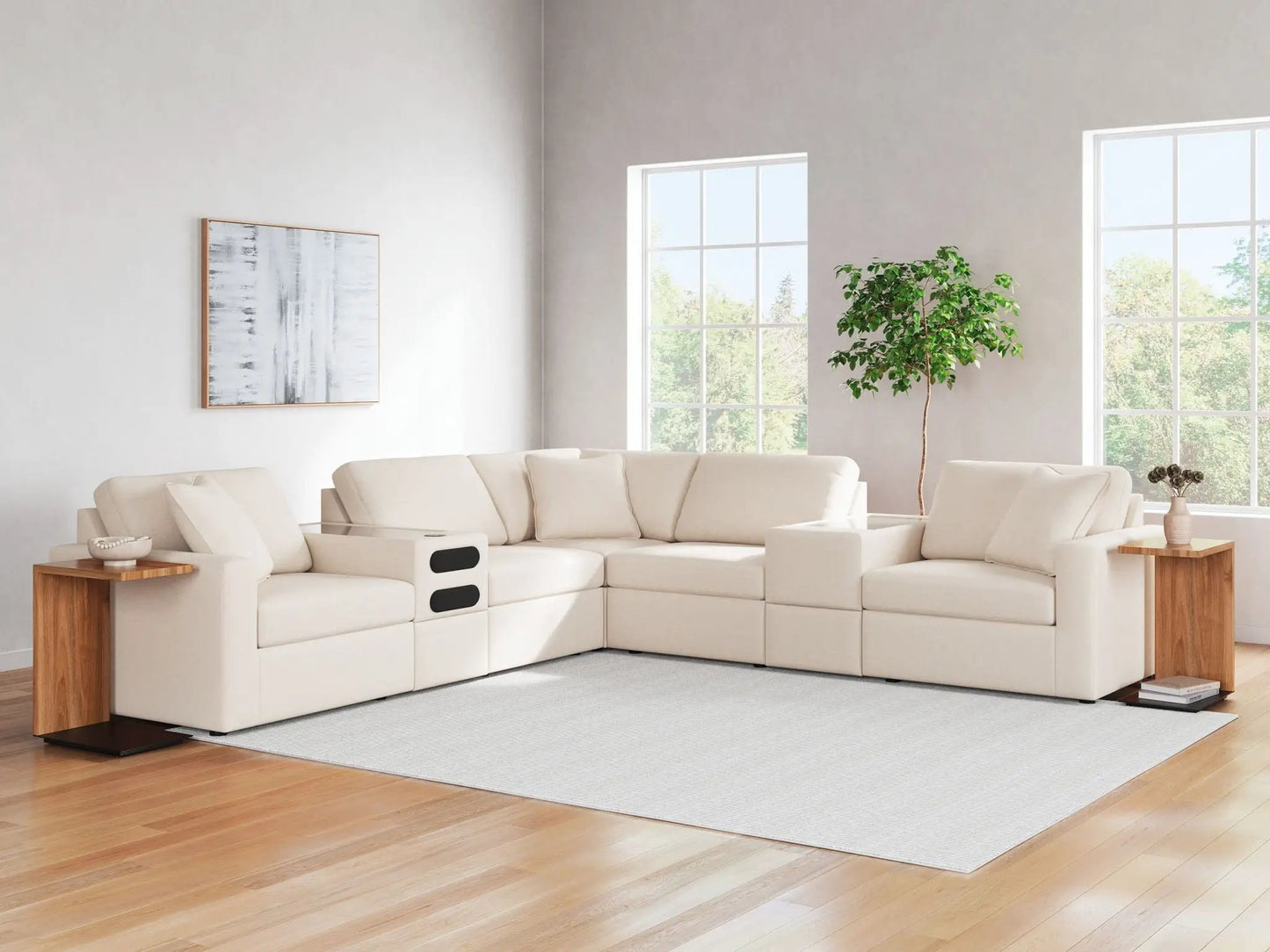 Modmax Sectional Oyster beige fabric stationary sofa Unique Piece Furniture in modern living on Tampa Home & Garden Store