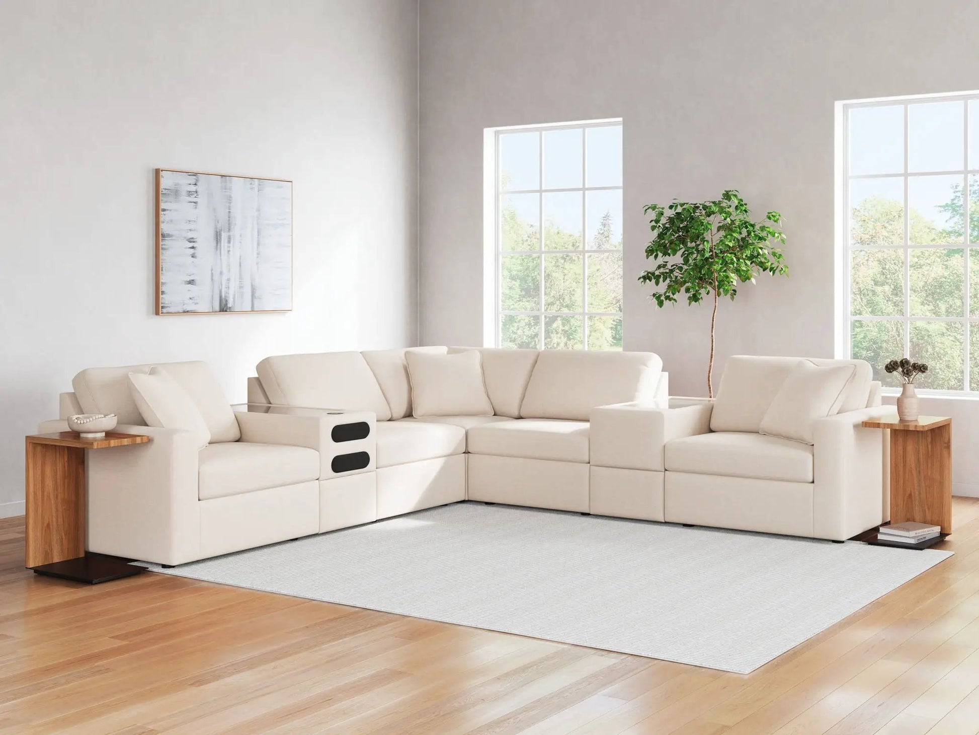 Modmax Sectional Oyster beige fabric stationary sofa Unique Piece Furniture in modern living on Tampa Home & Garden Store