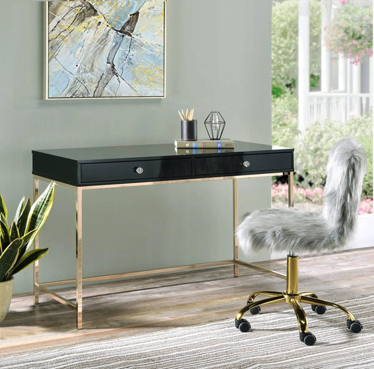 Ottey high-gloss two-drawer writing desk, black with gold metal frame and crystal knobs on Tampa Home & Garden Store