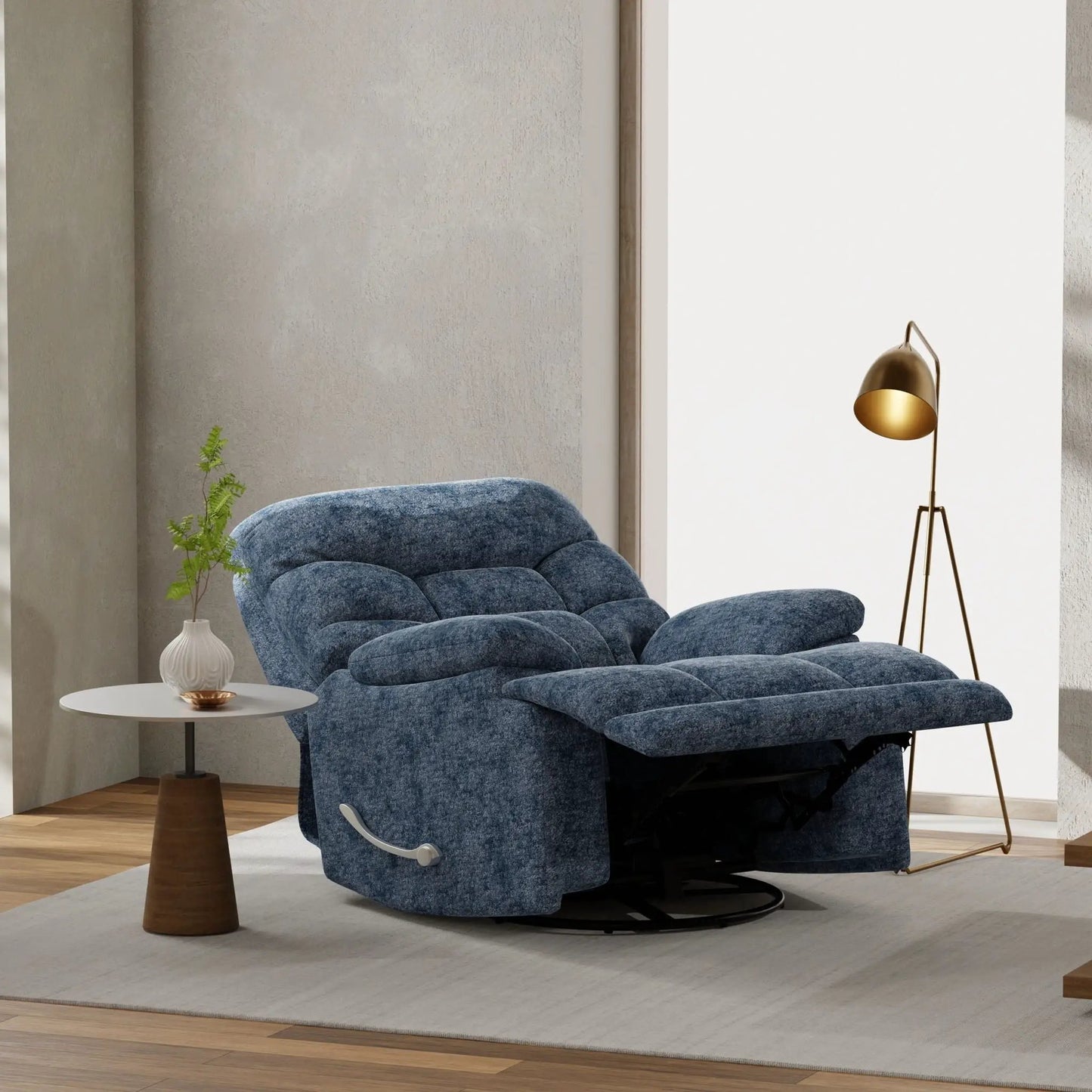 Swivel Glider Recliner in blue textured fabric with recline lever by Unique Piece Furniture on Tampa Home & Garden Store