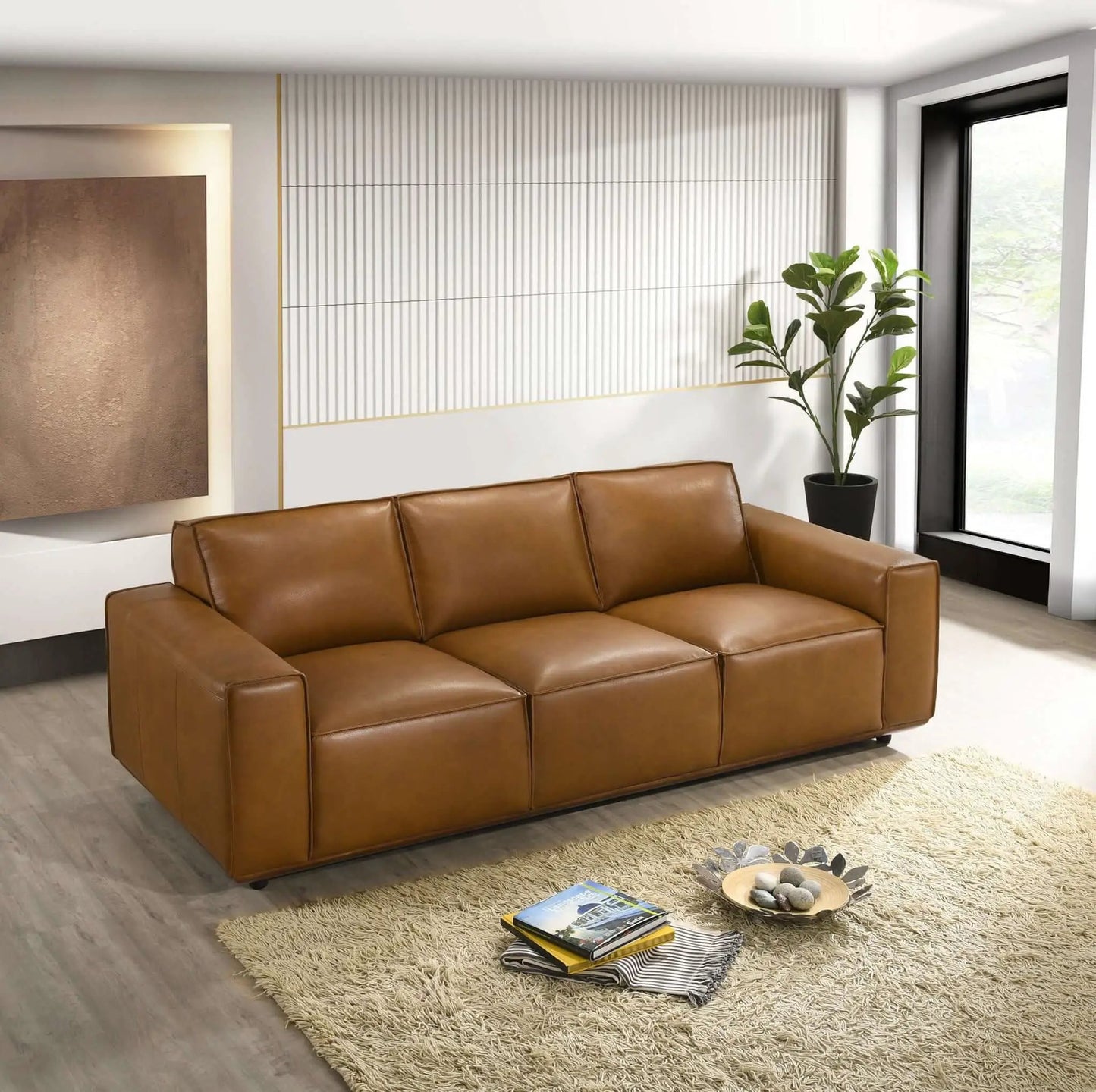 Hanky sofa brown tan leather, stationary sofa by Unique Piece Furniture in a modern living room on Tampa Home & Garden Store