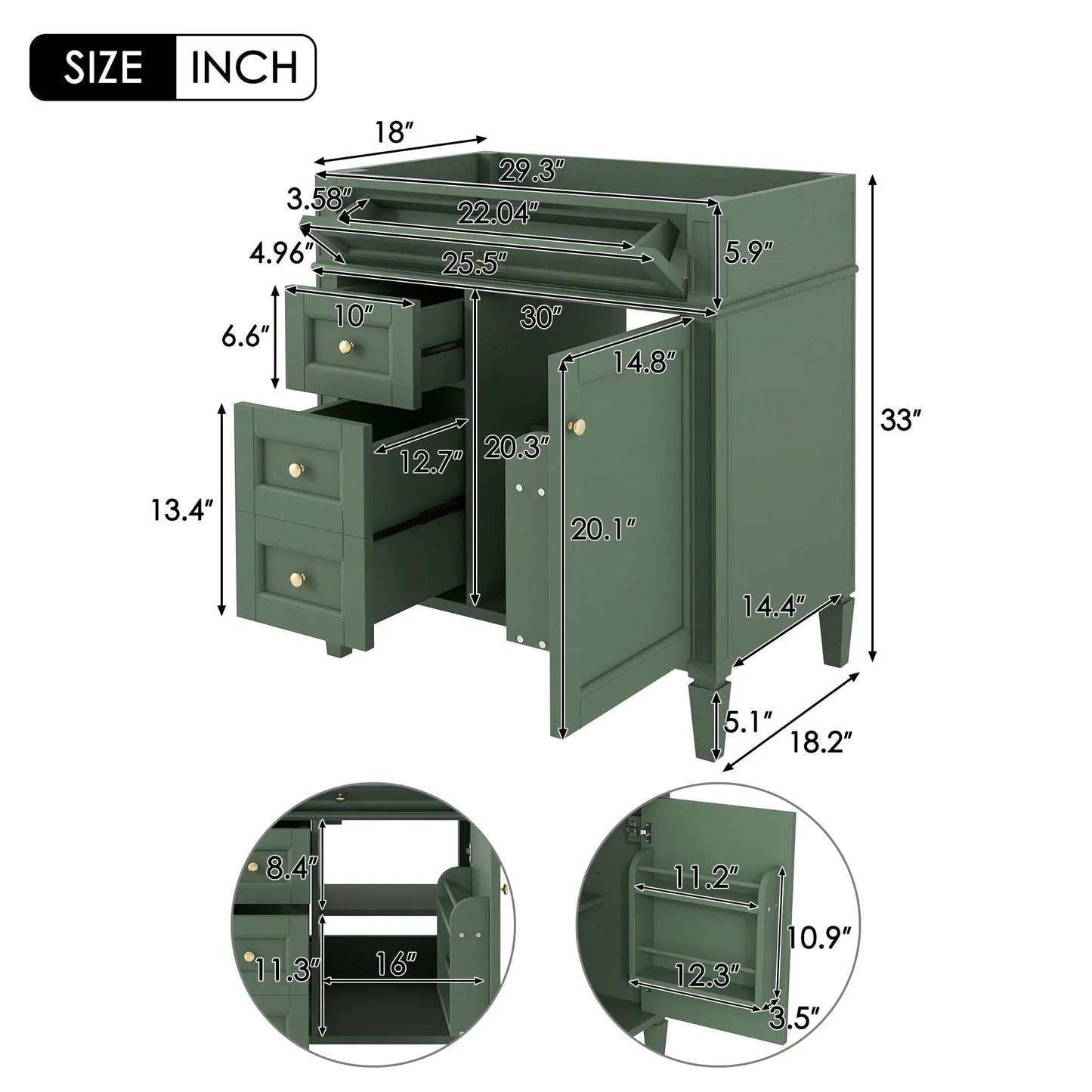 Bathroom vanity base with 2 drawers and tip-out storage, green finish Unique Piece on Tampa Home & Garden Store