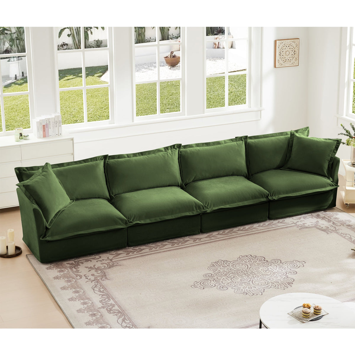 Slipcovered long 4-seater sofa by HouseOfZazla in green fabric, modern living room on Tampa Home & Garden Store