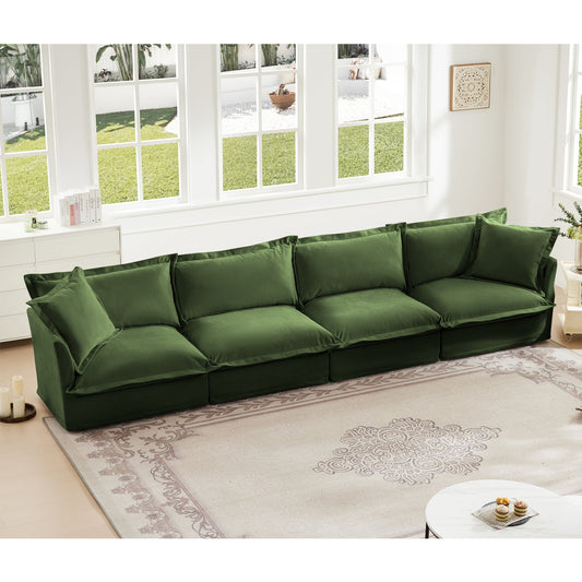 Slipcovered long 4-seater sofa by HouseOfZazla in green fabric, modern living room on Tampa Home & Garden Store