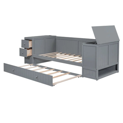 Gray daybed with storage arms and charging station, chest and drawers, wooden slats on Tampa Home & Garden Store