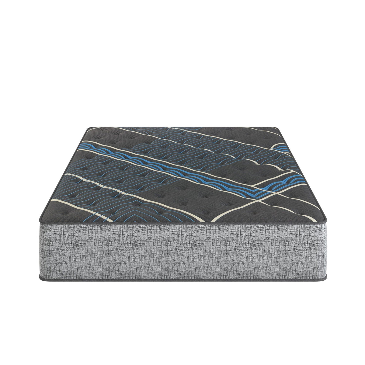 Comfort Care 14in Hybrid Mattress with firm support; dark gray quilted top with blue waves on Tampa Home & Garden Store