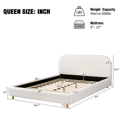 Queen size upholstered bed with boucle fabric headboard in beige, wooden legs, slatted base on Tampa Home & Garden Store