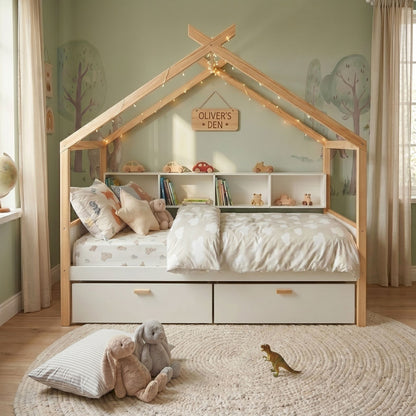 House Bed With Bookshelf Storage natural wood frame, string lights, drawers by HouseOfZazla on Tampa Home & Garden Store
