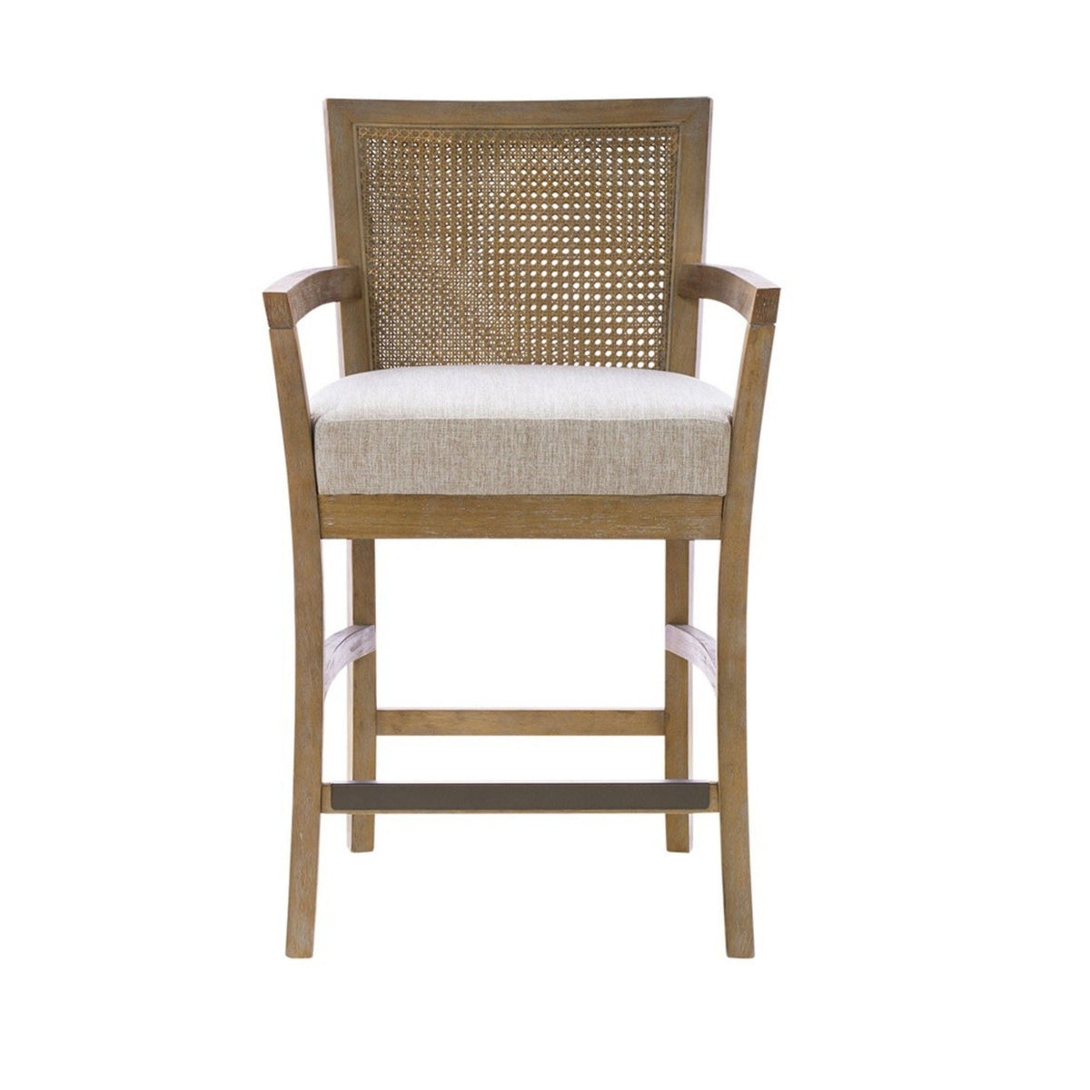 Cane back counter stool with upholstered cream seat and natural reclaimed wood frame on Tampa Home & Garden Store